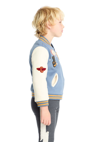 Chaser Steel Blue and Stonewash Blue Jacket Child wearing a blue and beige varsity jacket with a red 'C' logo on a white background