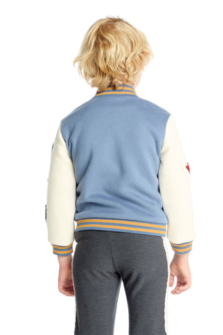 Chaser Steel Blue and Stonewash Blue Jacket Child wearing a blue and cream varsity jacket on a white background