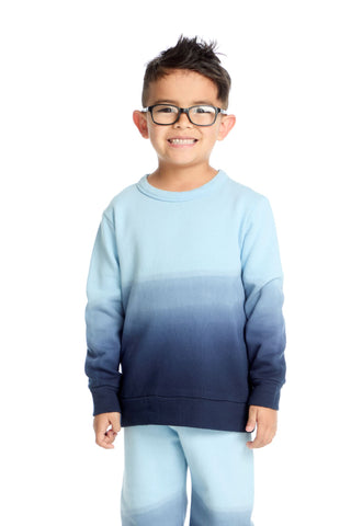 Chaser Malibu Blue Ombre Pullover
Child wearing a blue and navy gradient sweatshirt on a white background
