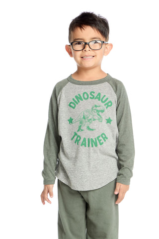 Chaser Dinosaur Trainer Long Sleeve Tee
Child wearing a gray and green 'Dinosaur Trainer' shirt on a white background