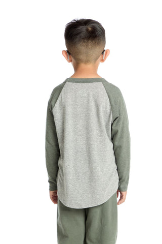 Chaser Dinosaur Trainer Long Sleeve Tee
Child wearing a gray and green long-sleeve shirt with pants on a white background