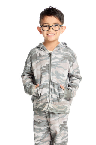 Chaser Desert Camo Zip Up Hoodie'
Child wearing a gray camouflage hoodie and pants on a white background