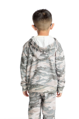 Chaser Desert Camo Zip Up Hoodie
Child wearing a camouflage hoodie and pants on a white background