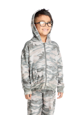 Chaser Desert Camo Zip Up Hoodie'Child wearing a camouflage hoodie and pants on a white background