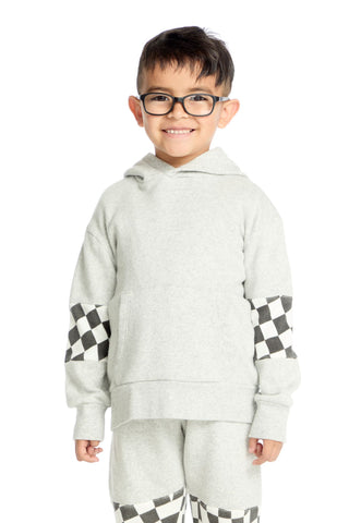 Chaser Checker Colorblock Hoodie
Child wearing a gray hoodie with checkered sleeves on a white background