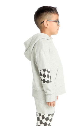 Chaser Checker Colorblock Hoodie
Child wearing a gray hoodie with a checkered arm design on a white background