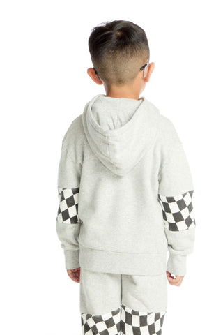 Chaser Checker Colorblock Hoodie
Child wearing a light gray hoodie and pants with checkered sleeves and bottom, on a white background