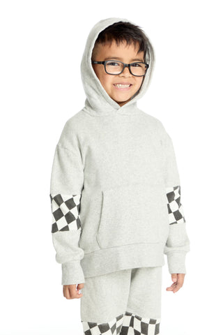 Chaser Checker Colorblock Hoodie
Child wearing a gray hoodie with checkered sleeves on a white background