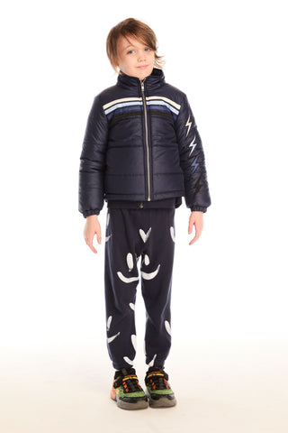 Chaser Winter Bolts Jacket
Child wearing a dark blue puffer jacket and matching pants with smiley face designs on a white background
