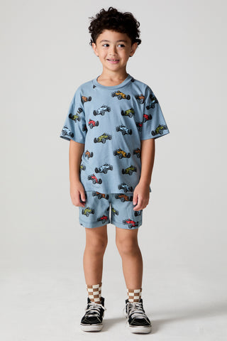 Chaser Have a Nice Day Tee - Race Cars
Child wearing a light blue t-shirt and shorts with car prints on a white background