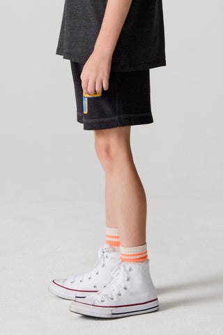 Black Chaser Race Patches shorts with colorful embroidered patches and a relaxed fit, perfect for casual wear.