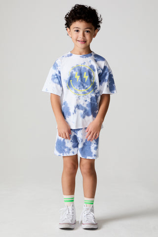 Chaser boys' tie-dye smiley face graphic T-shirt in blue and yellow, casual cotton shirt for kids, featuring cheerful design.