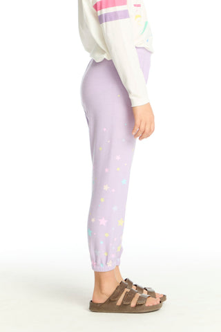 Chaser Candy Stars Pants
Person wearing light purple leggings with star pattern on a white background