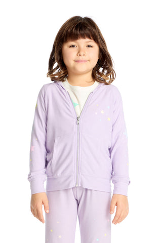 Chaser Candy Stars Zip Up Hoodie
Child wearing a light purple zip-up hoodie and pants on a white background