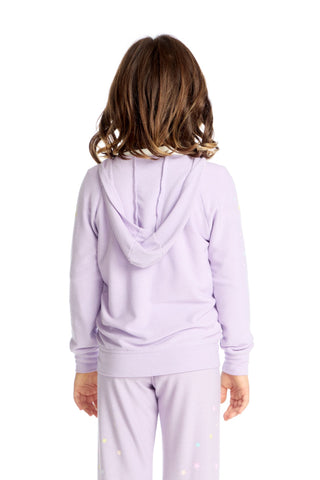 Chaser Candy Stars Zip Up Hoodie
Person wearing a light purple hoodie and pants on a white background