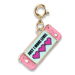 Charm It! Gold Gamer Charm
Pink game console charm with 'Just 1 More Level' text and hearts on a white background