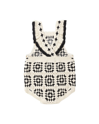 Rylee & Cru crochet romper in abstract pattern, back view showing intricate crochet details and relaxed fit for children.