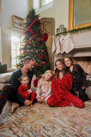In My Jammers women's long sleeve ruffle pajamas set in ruby polka dot fabric, cozy and stylish for comfortable sleepwear.