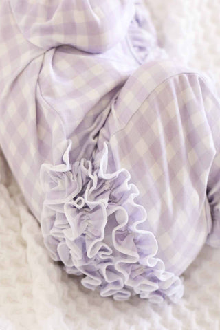 Caden Lane Peter Pan Collar Ruffle Zipper Footie - Lilac Gingham
Lavender scarf with ruffled edge on a soft white background