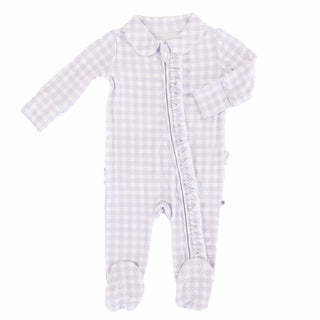 Caden Lane Peter Pan Collar Ruffle Zipper Footie - Lilac Gingham
Baby onesie with checkered pattern on a white background