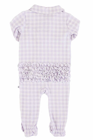 Caden Lane Peter Pan Collar Ruffle Zipper Footie - Lilac Gingham
Baby romper with ruffled design on a white background
