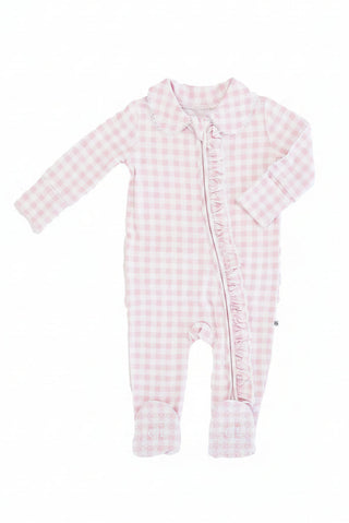 Caden Lane Peter Pan Collar Ruffle Zipper Footie - Rosy Gingham
Pink gingham baby romper with ruffles on a white background