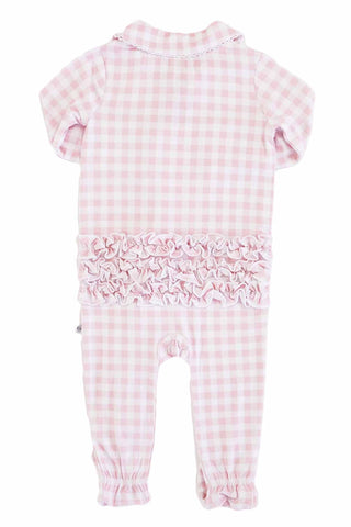 Caden Lane Peter Pan Collar Ruffle Zipper Footie - Rosy Gingham
Pink gingham baby romper with ruffled details on a white background