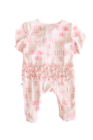 Caden Lane Ruffle Zipper Footie - Little Sis Bows
Baby romper with pink text and ruffles on a white background