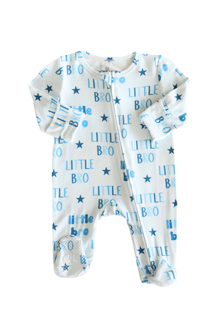 Caden Lane Zipper Footie - Little Bro Stars
Baby onesie with 'Little BoBo' print on a white background