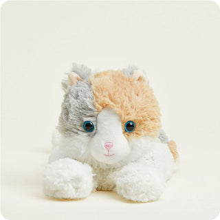 Calico Cat Warmies
Plush toy resembling a cat with gray, white, and orange fur on a light gray background