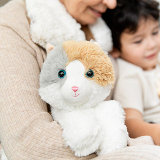 Calico Cat Warmies
Person holding a plush toy cat with a child in the background