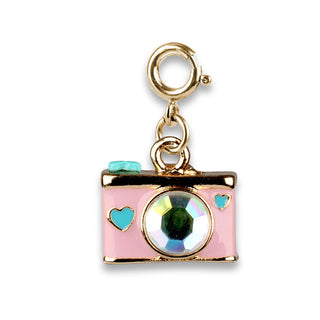 Charm It! Gold Camera Charm
Gold charm shaped like a pink camera with a gemstone center on a white background