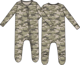 Angel Dear camo 2-way zipper footie for babies, soft fabric with front zipper for easy dressing and changing.