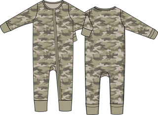 Angel Dear camo convertible romper for babies, featuring a soft, stylish camouflage design and adjustable snaps for comfort.