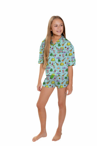 Sunshine Society Kids silky short sleeve pajama set with colorful camp design, soft fabric, perfect for boys and girls.