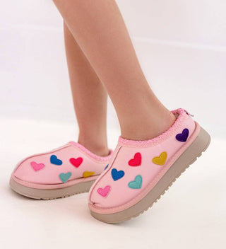 Lola and The Boys Candy Heart Sherpa Booties
Pink children's shoes with colorful heart patterns on a white background