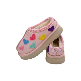 Lola and The Boys Candy Heart Sherpa Booties
Pink children's slippers with colorful heart designs on a white background