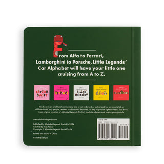 Car Little Legends Alphabet Board Book
Back cover of a book titled 'Little Legends Car Alphabet' with text and small illustrations on a green background.