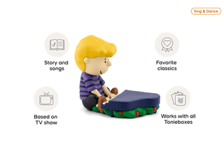 Tonies Character: Peanuts: A Charlie Brown Christmas (Vince Guaraldi Trio)
Toy figure with features listed on a white background