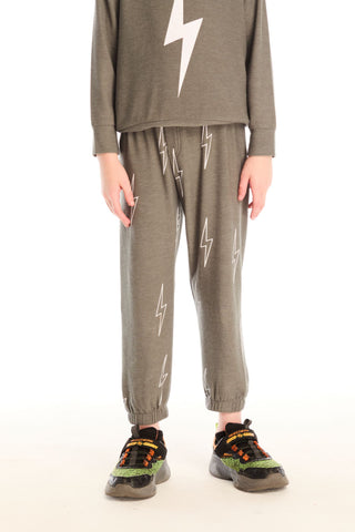 Chaser Allover Bolts Pants
Person wearing a green outfit with lightning bolt patterns on a white background