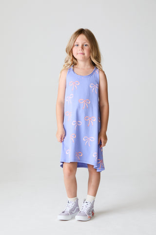 Chaser allover dainty bows tank dress with adjustable straps and lightweight fabric, featuring a playful bow pattern.