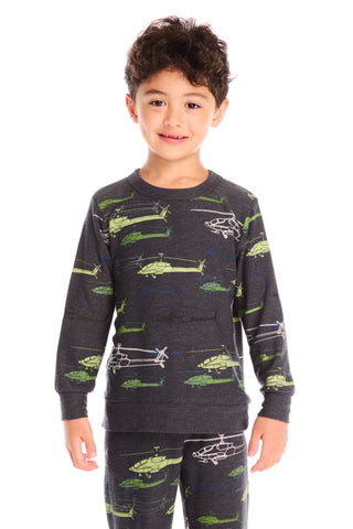 Chaser Allover Helicopters Long Sleeve
Child wearing a dark gray long-sleeve shirt with helicopter patterns on a white background