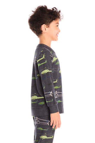 Chaser Allover Helicopters Long Sleeve
Child wearing a dark gray long-sleeve shirt with green airplane patterns on a white background