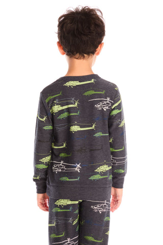 Chaser Allover Helicopters Long Sleeve
Child wearing a dark gray long-sleeve shirt and pants with helicopter pattern on a white background