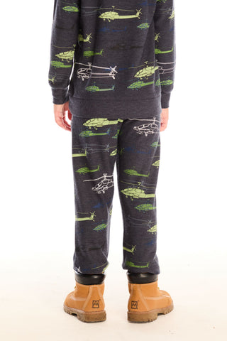 Chaser Allover Helicopters Pants
Person wearing a dark gray pajama set with helicopter pattern on a white background