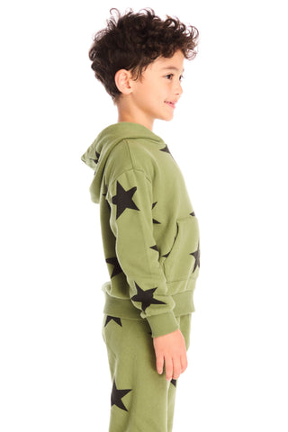 Chaser Allover Stars Green Hoodie
Child wearing a green hoodie with star patterns on a white background