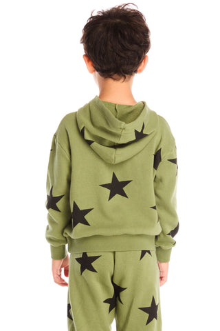 Chaser Allover Stars Green Hoodie
Child wearing a green hoodie and pants with star patterns on a white background