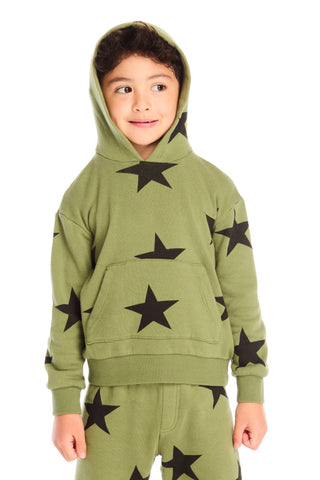 Chaser Allover Stars Green Hoodie
Child wearing a green hoodie with black star patterns on a white background