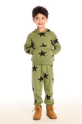Chaser Allover Stars Green Pants
Child wearing a green hoodie and pants with star patterns on a white background