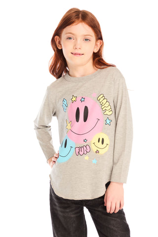 Chaser Colorful Smileys Long Sleeve
Girl wearing a gray sweater with colorful smiley face design on a white background